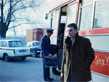 George Stroud gets on the bus on the occasion of his getting out. 